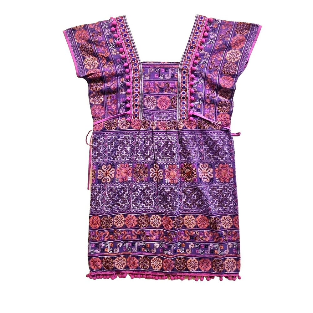 Handmaid Folklore Cross-Stich Handmade Dress PomPoms Tunic Oaxaca Sz M/L #679 - Picture 11 of 12